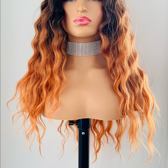 Long Wavy 24” Ombre Orange Copper Premium Fiber Lace Front Wig - Picture 10 of 14